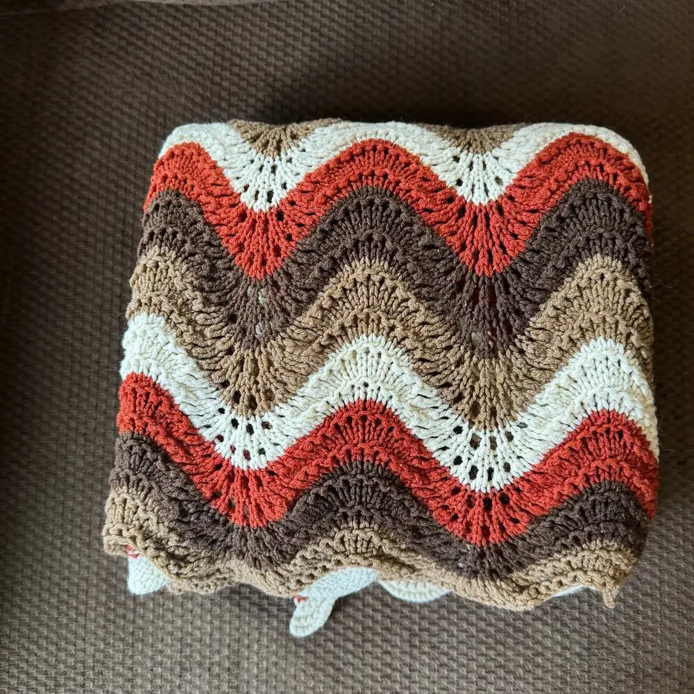 Handmade Crochet Afghan Throw Blanket  Rustic-Toned Yarns Chevron Ripple Pattern